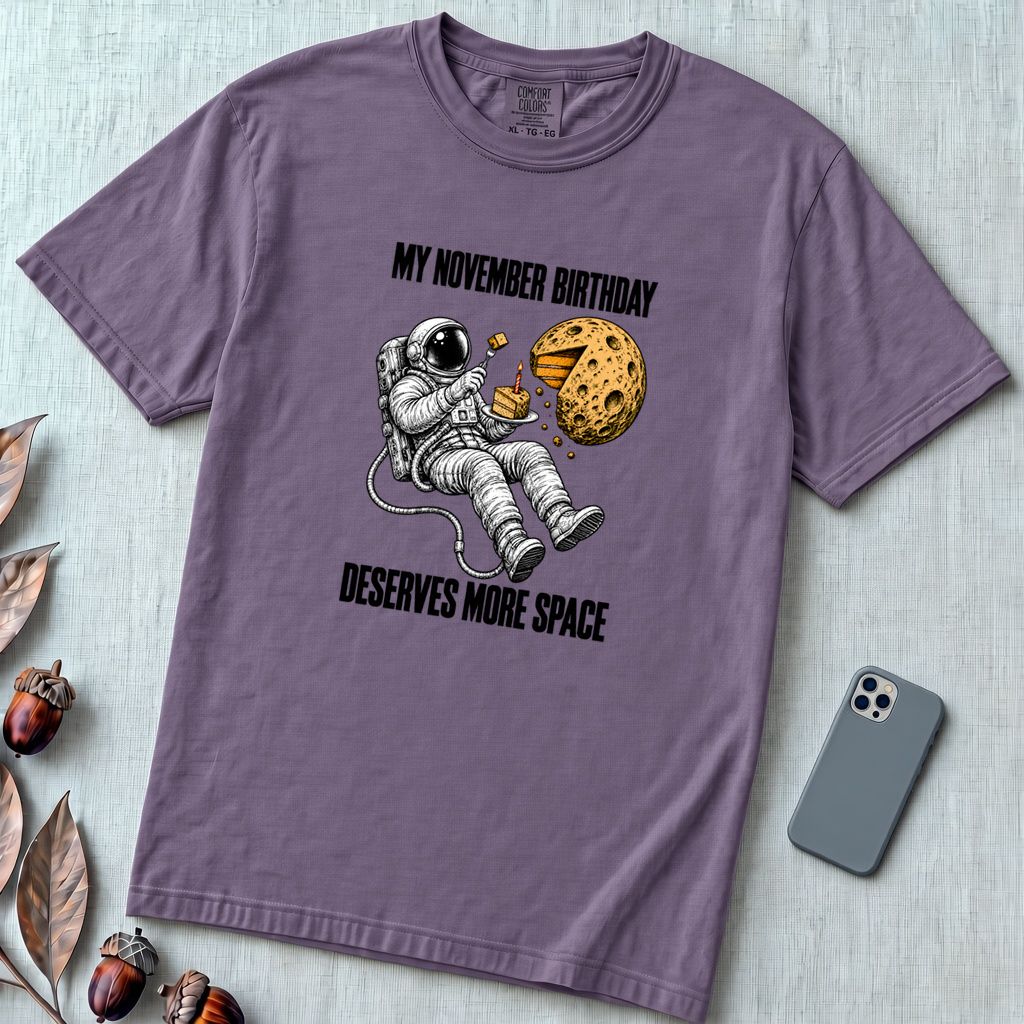 November Birthday Astronaut T-Shirt, Deserves More Space - Grape unfolded t-shirt mockup