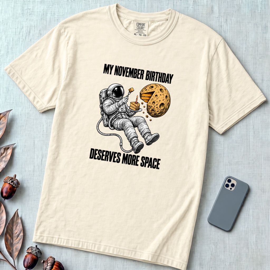 November Birthday Astronaut T-Shirt, Deserves More Space - Ivory unfolded t-shirt mockup