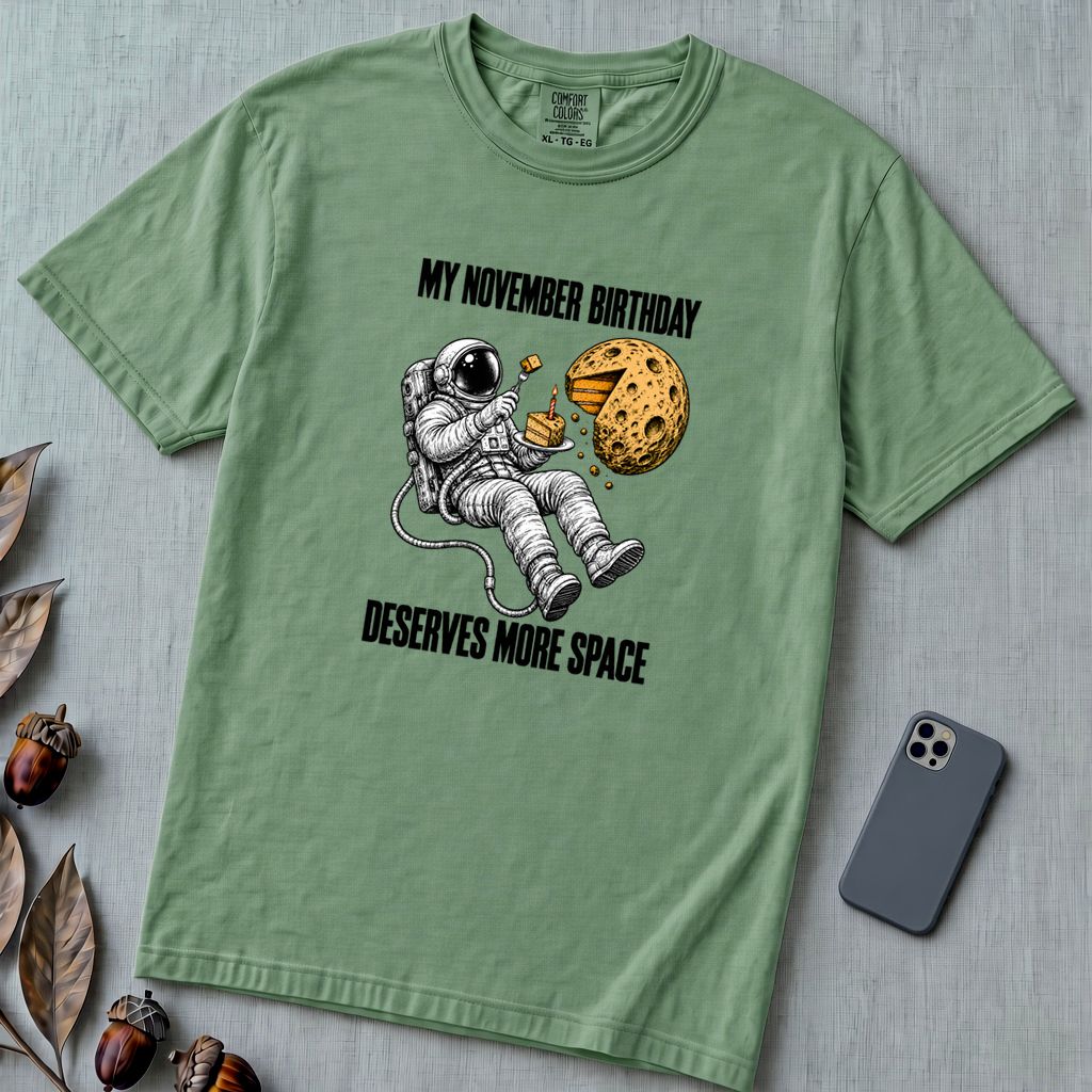 November Birthday Astronaut T-Shirt, Deserves More Space - Light Green unfolded t-shirt mockup