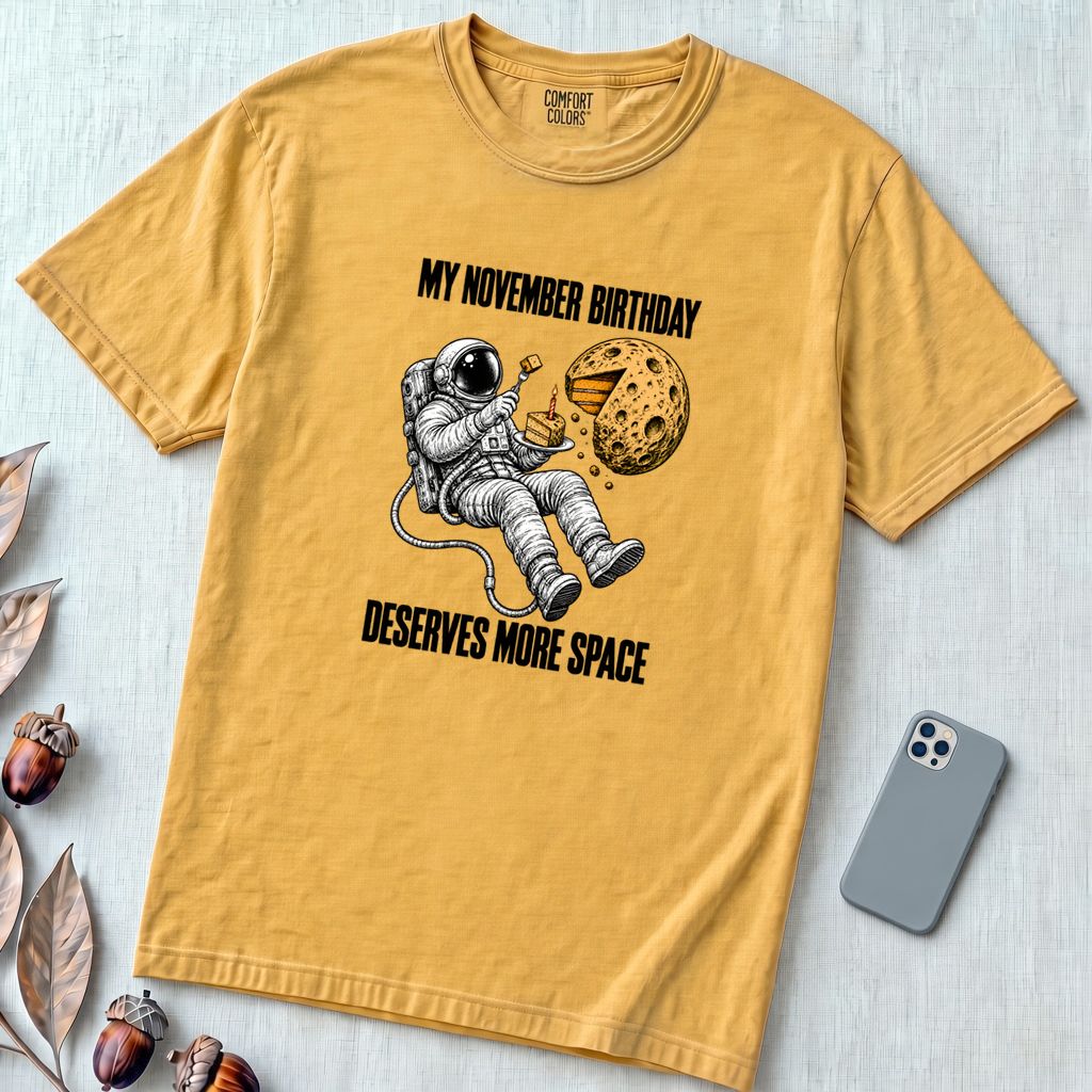 November Birthday Astronaut T-Shirt, Deserves More Space - Mustard unfolded t-shirt mockup