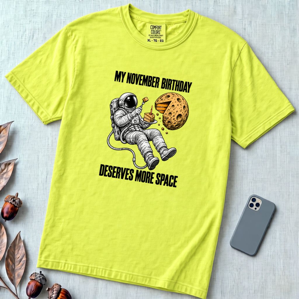 November Birthday Astronaut T-Shirt, Deserves More Space - Neon Lemon unfolded t-shirt mockup