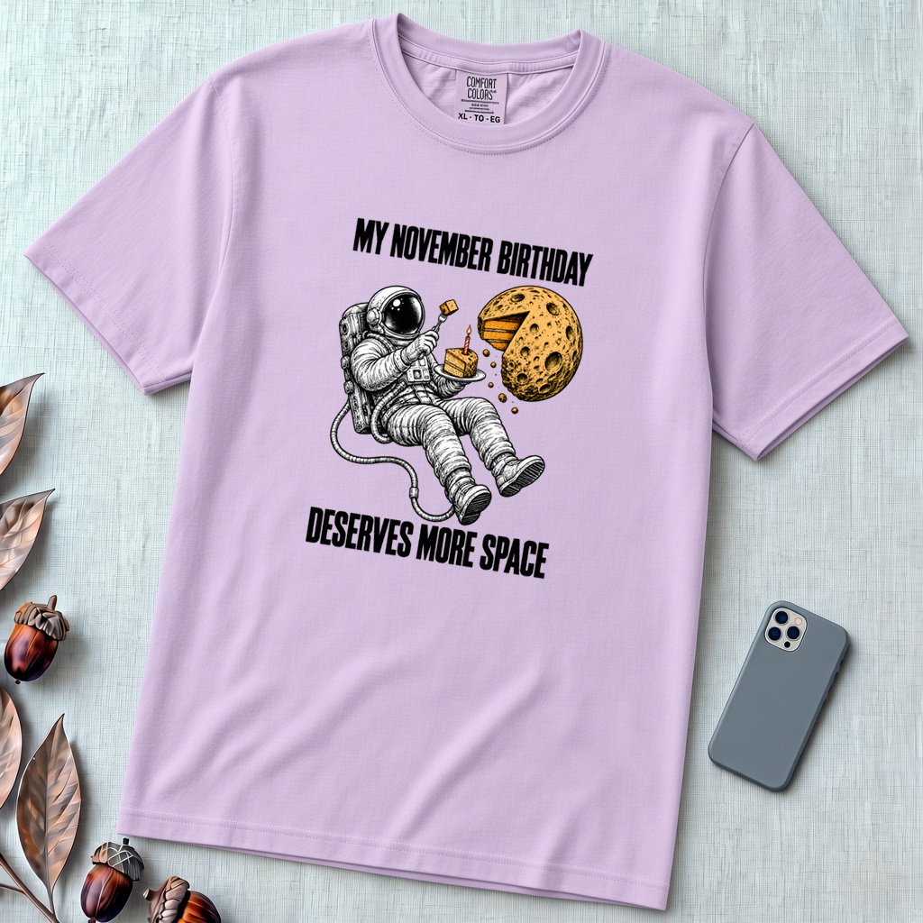 November Birthday Astronaut T-Shirt, Deserves More Space - Orchid unfolded t-shirt mockup