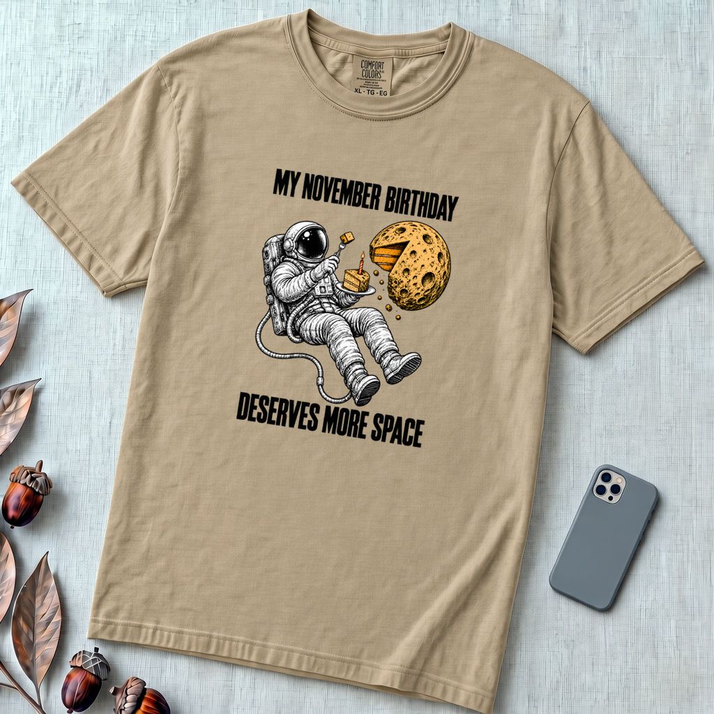 November Birthday Astronaut T-Shirt, Deserves More Space - Sandstone unfolded t-shirt mockup