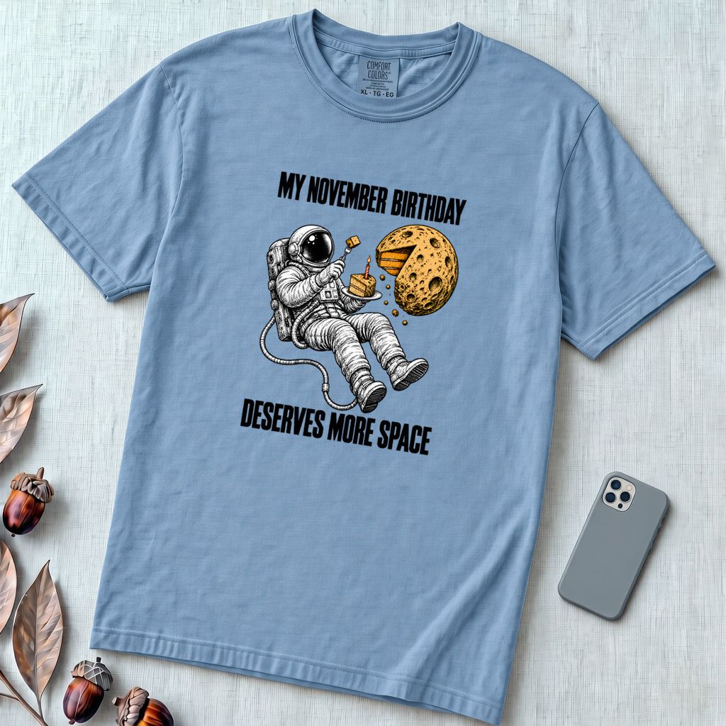 November Birthday Astronaut T-Shirt, Deserves More Space - Washed Denim unfolded t-shirt mockup