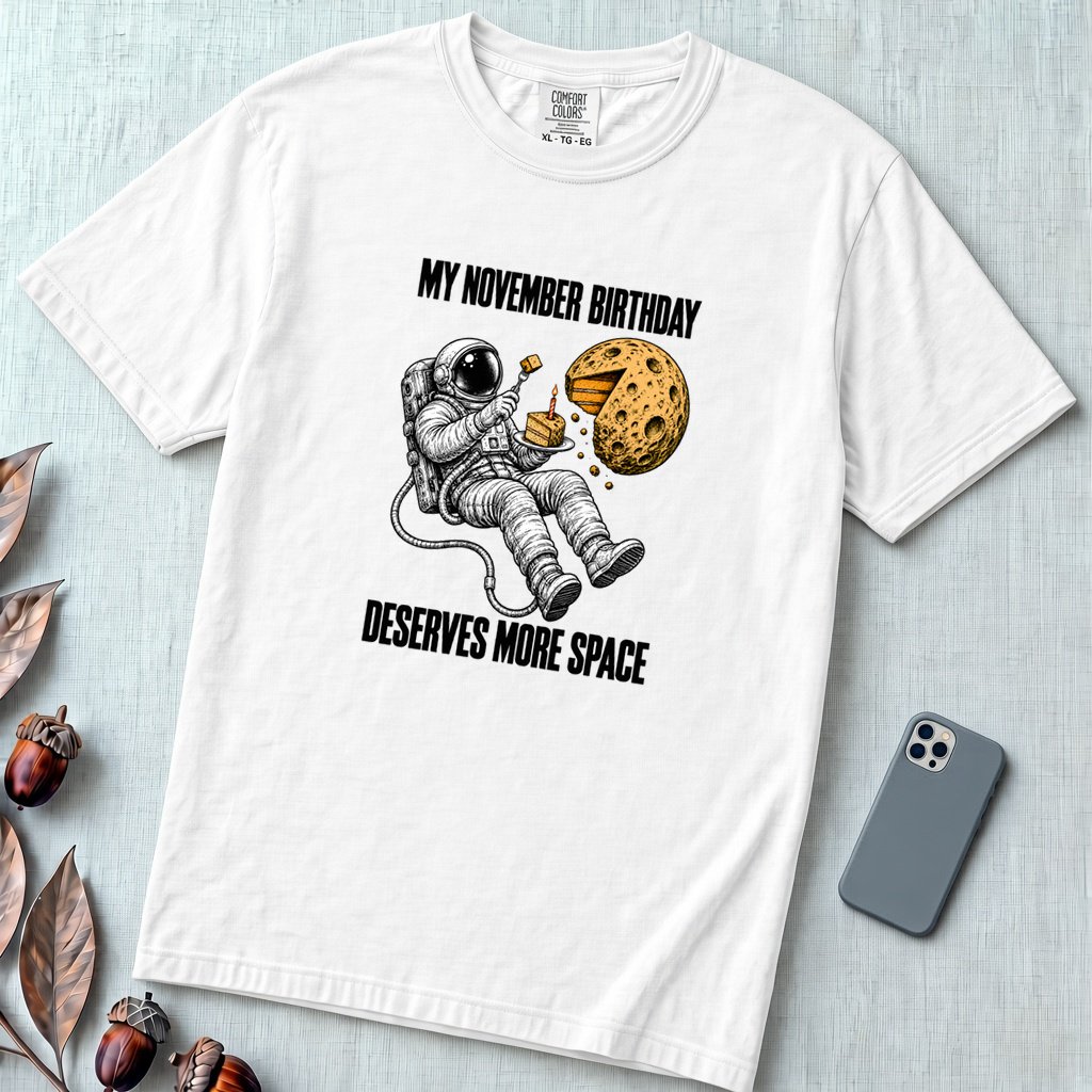 November Birthday Astronaut T-Shirt, Deserves More Space - White unfolded t-shirt mockup