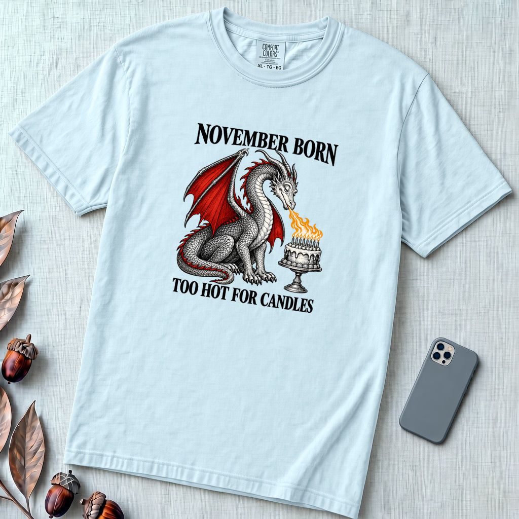 November Born Dragon T-Shirt, Too Hot For Candles - Chambray unfolded t-shirt mockup