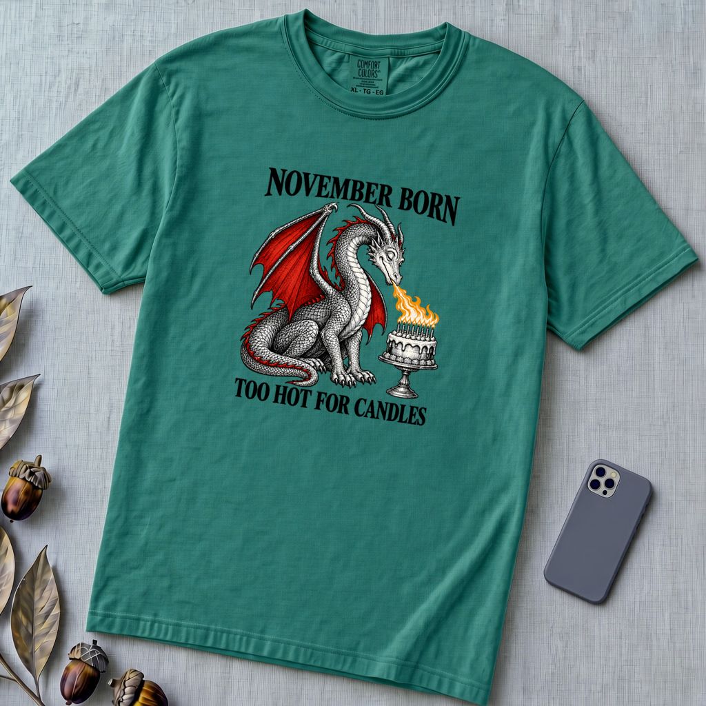 November Born Dragon T-Shirt, Too Hot For Candles - Emerald unfolded t-shirt mockup