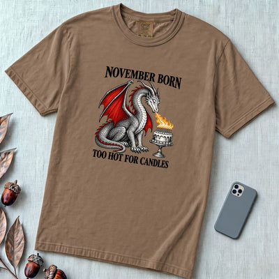 November Born Dragon T-Shirt, Too Hot For Candles - Espresso unfolded t-shirt mockup
