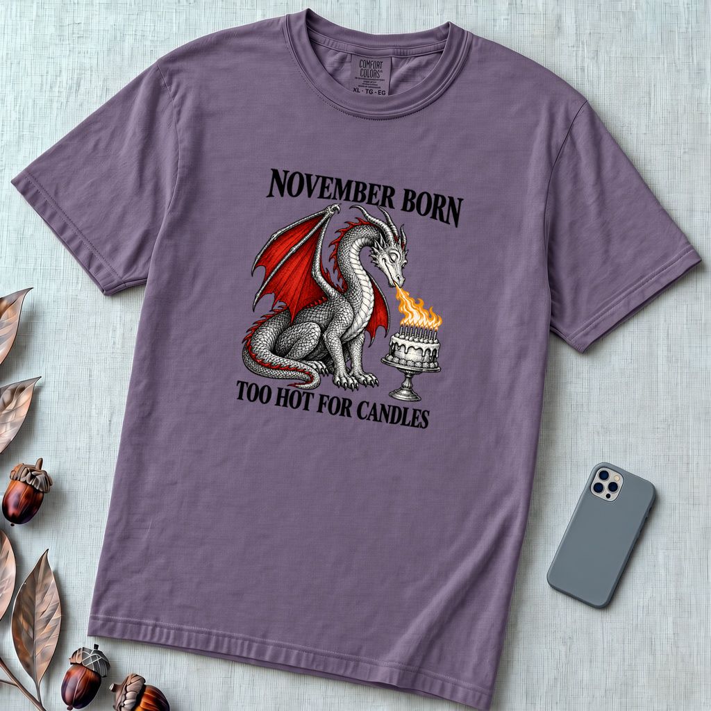 November Born Dragon T-Shirt, Too Hot For Candles - Grape unfolded t-shirt mockup