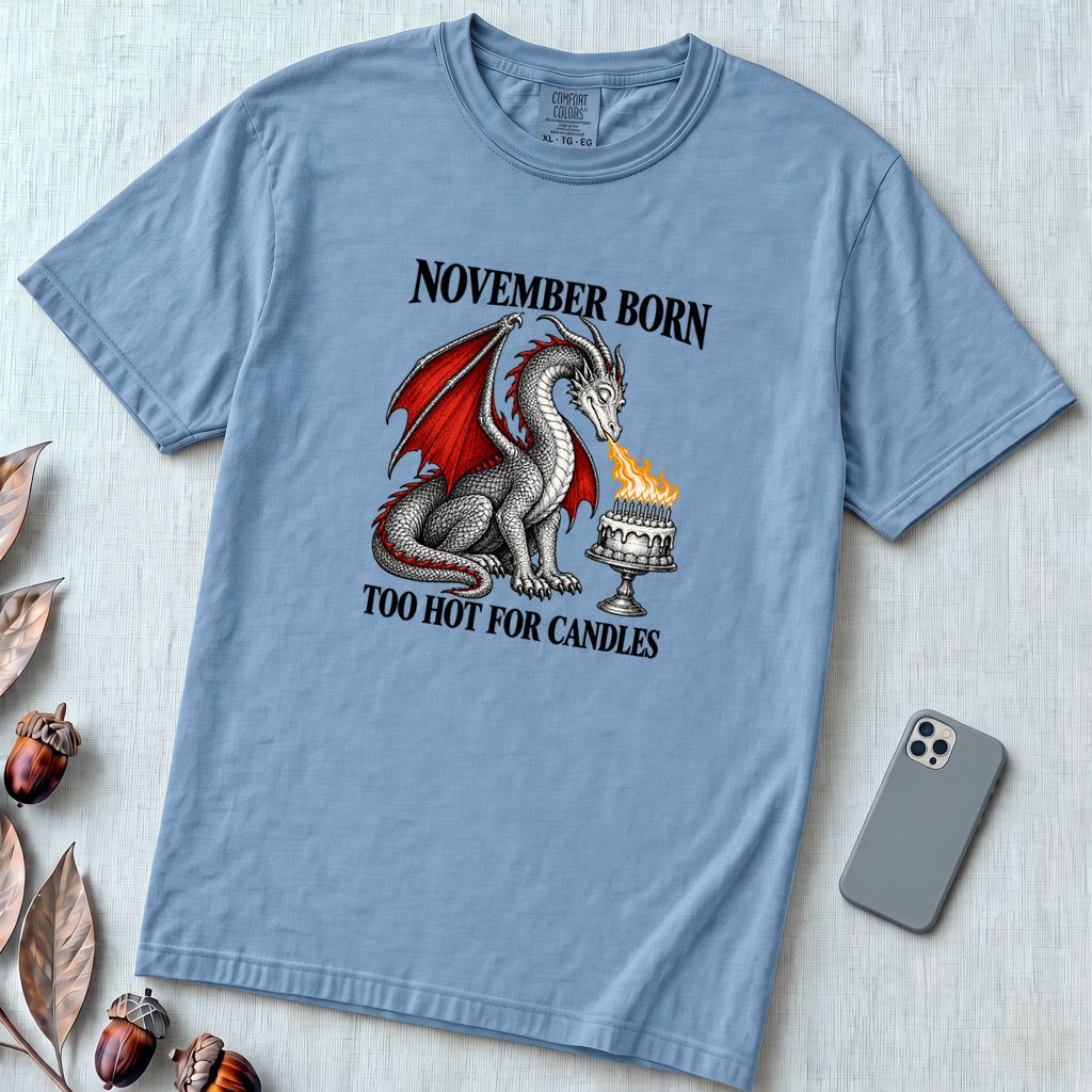 November Born Dragon T-Shirt, Too Hot For Candles - Washed Denim unfolded t-shirt mockup