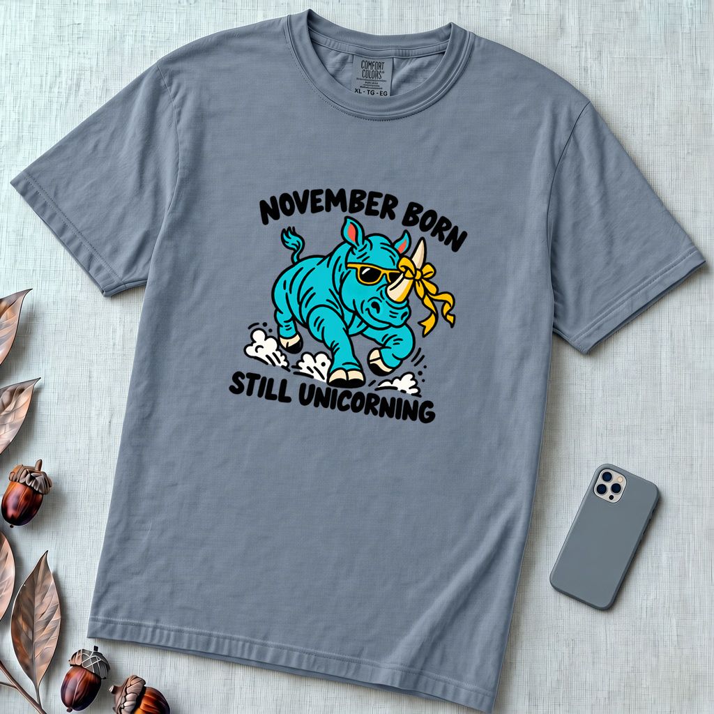 November Born Still Unicorning T-Shirt, Funny Rhino Birthday Tee - Blue Jean unfolded t-shirt mockup