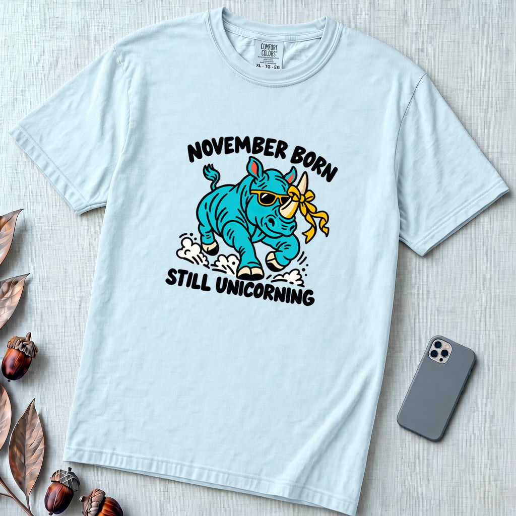 November Born Still Unicorning T-Shirt, Funny Rhino Birthday Tee - Chambray unfolded t-shirt mockup