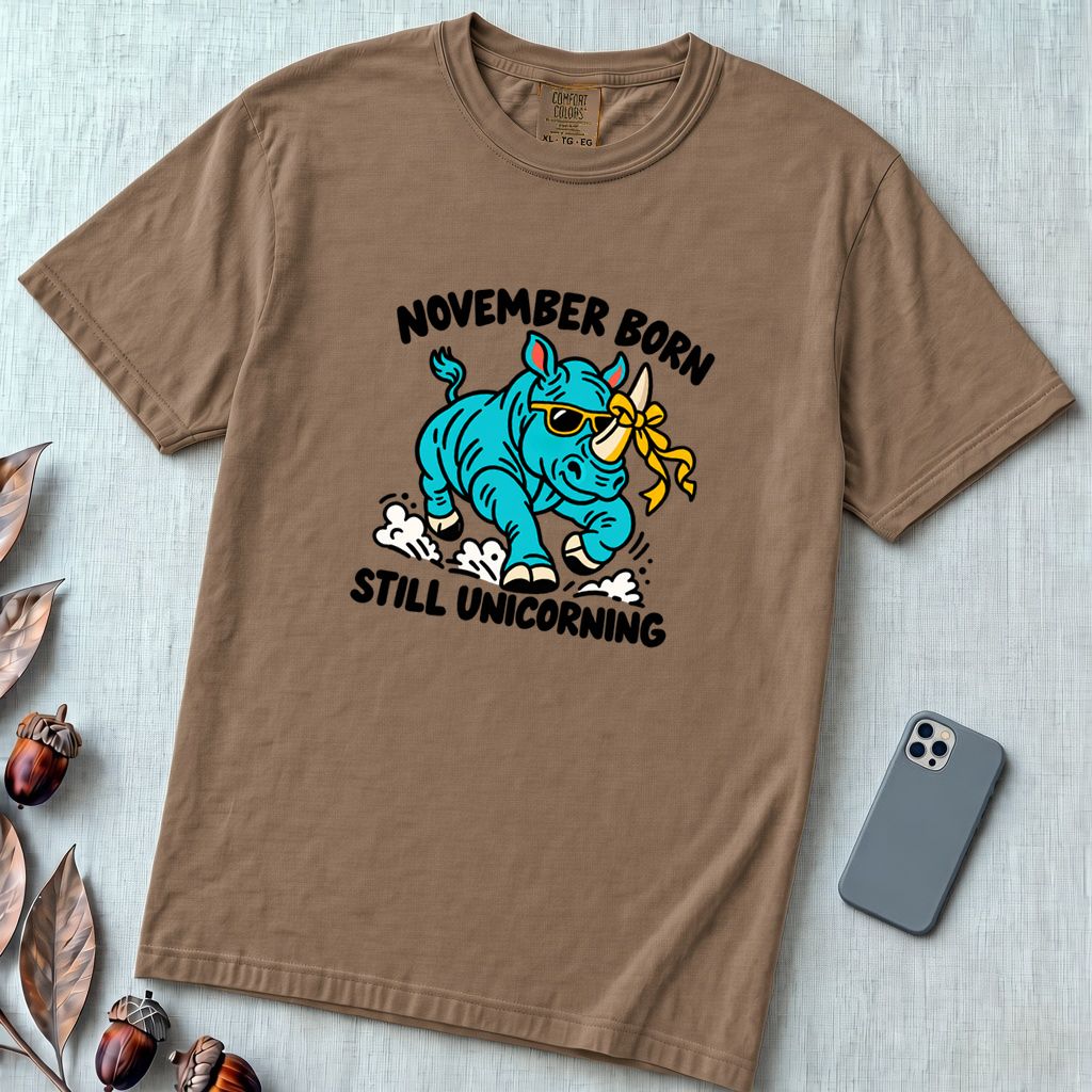November Born Still Unicorning T-Shirt, Funny Rhino Birthday Tee - Espresso unfolded t-shirt mockup