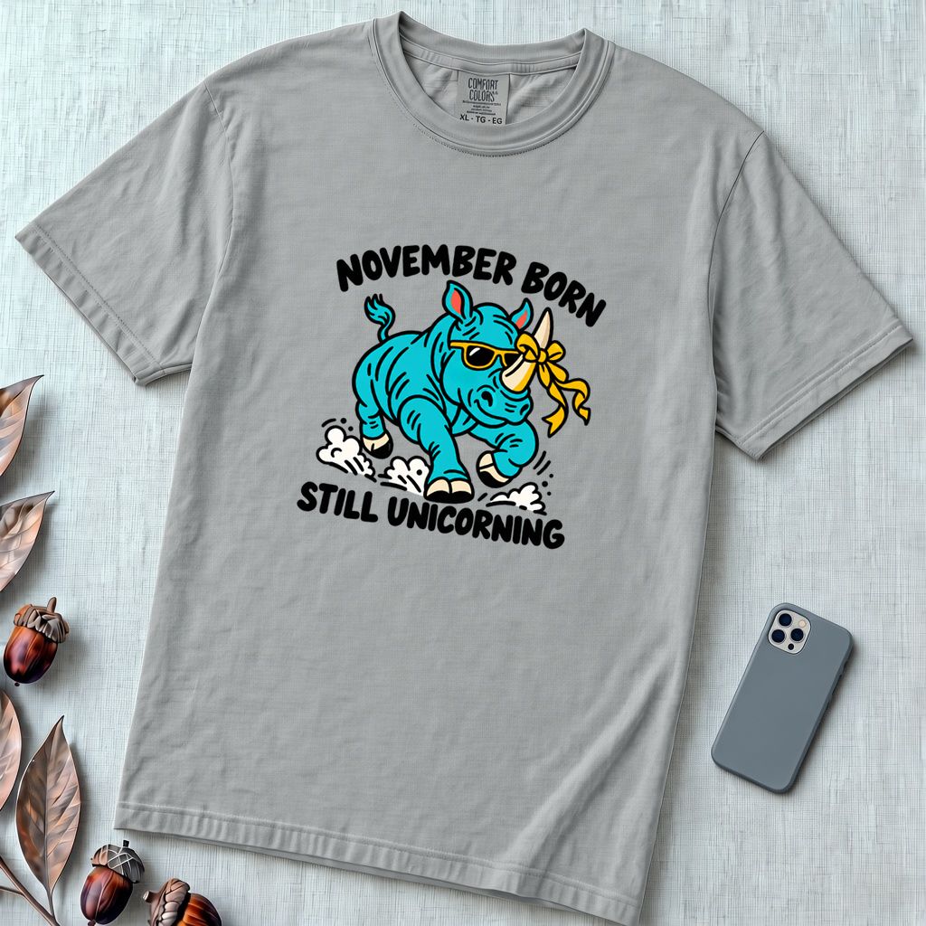 November Born Still Unicorning T-Shirt, Funny Rhino Birthday Tee - Granite unfolded t-shirt mockup