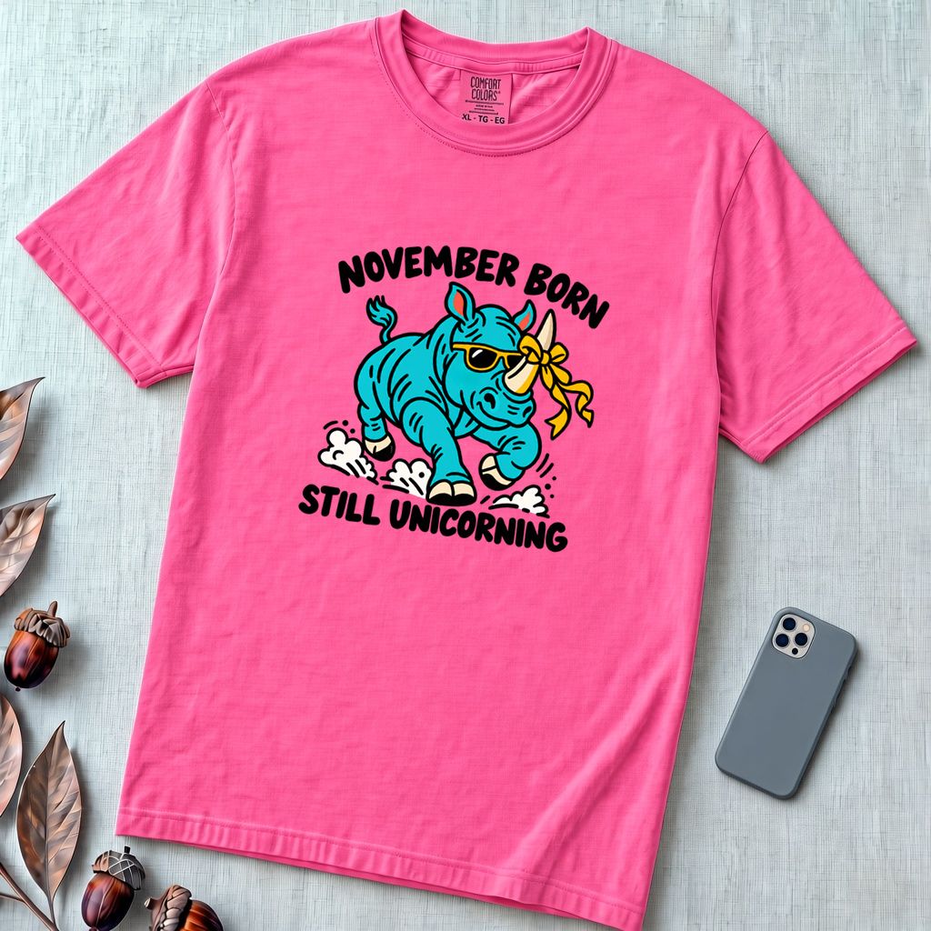 November Born Still Unicorning T-Shirt, Funny Rhino Birthday Tee - Neon Pink unfolded t-shirt mockup