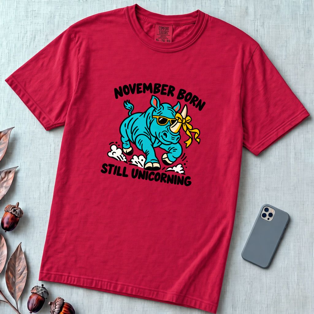 November Born Still Unicorning T-Shirt, Funny Rhino Birthday Tee - Red unfolded t-shirt mockup