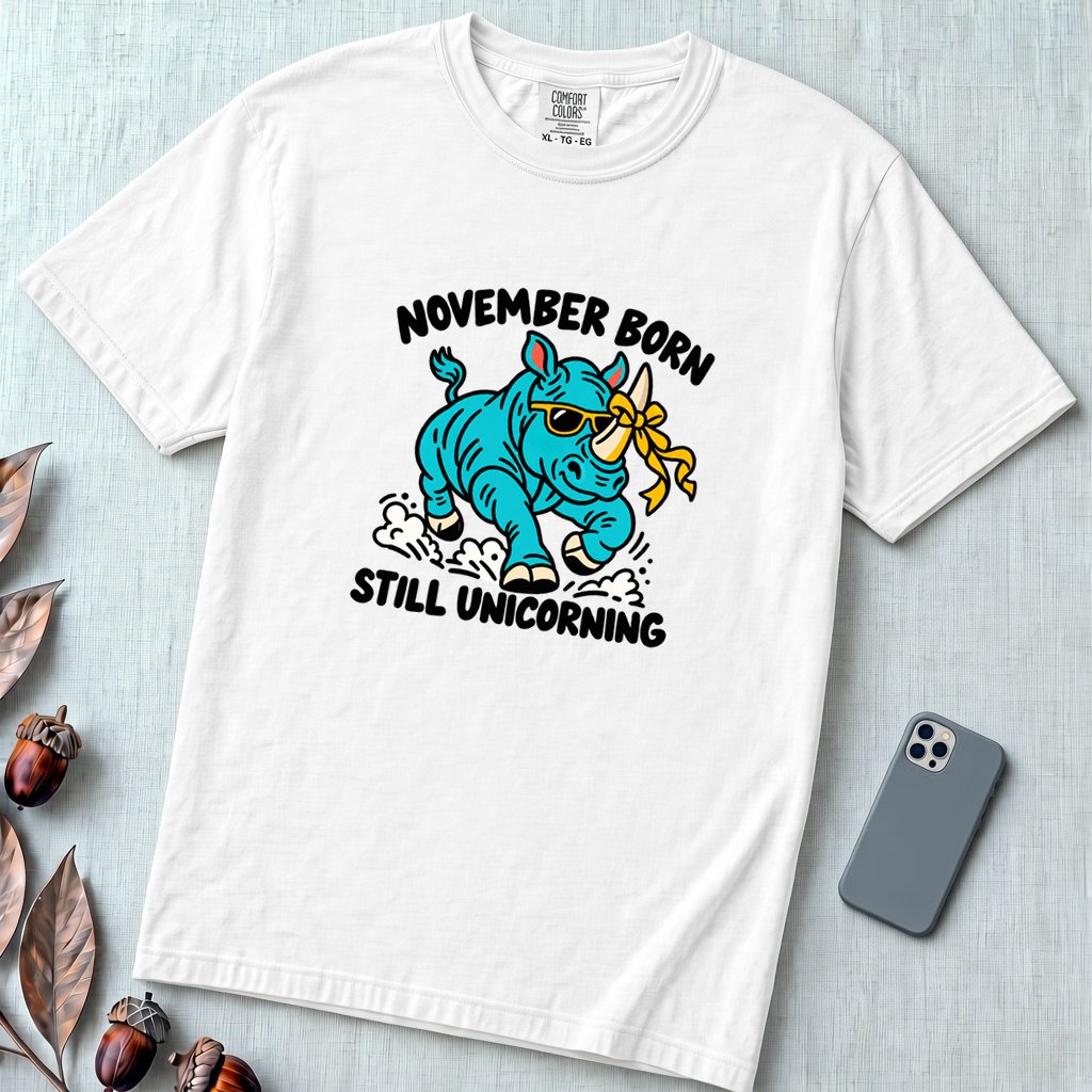 November Born Still Unicorning T-Shirt, Funny Rhino Birthday Tee - White unfolded t-shirt mockup