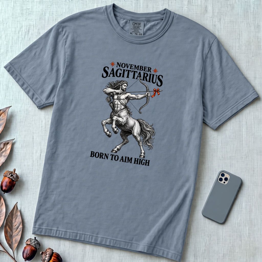 November Sagittarius T-Shirt, Born To Aim High - Blue Jean unfolded t-shirt mockup