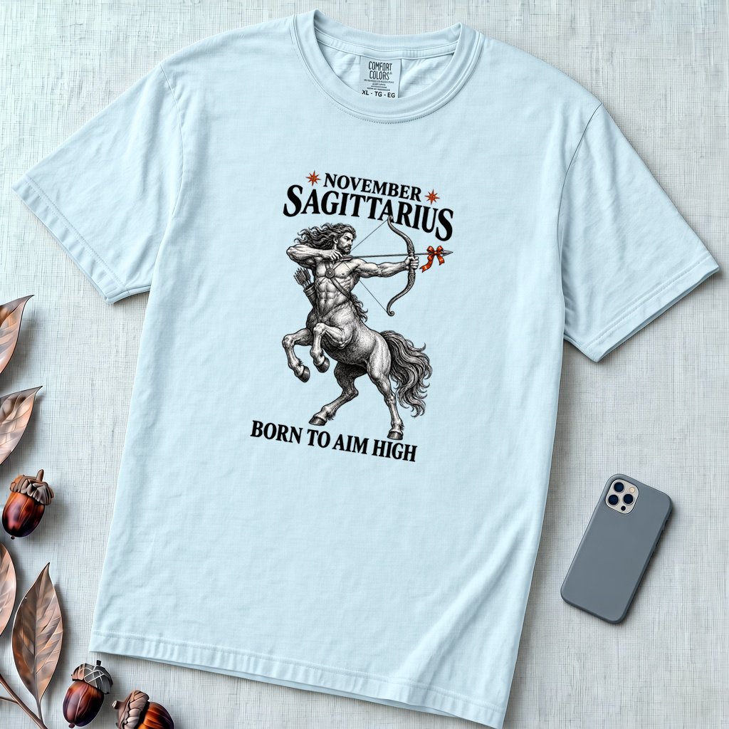 November Sagittarius T-Shirt, Born To Aim High - Chambray unfolded t-shirt mockup