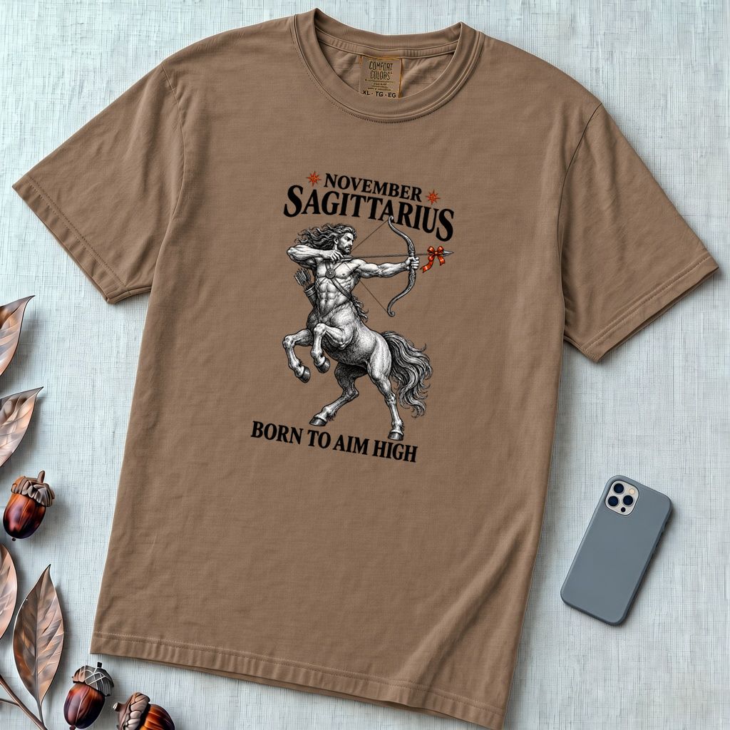 November Sagittarius T-Shirt, Born To Aim High - Espresso unfolded t-shirt mockup