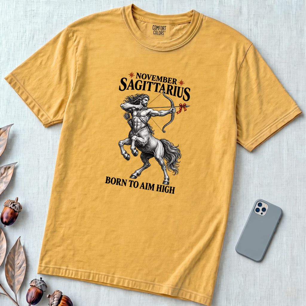 November Sagittarius T-Shirt, Born To Aim High - Mustard unfolded t-shirt mockup