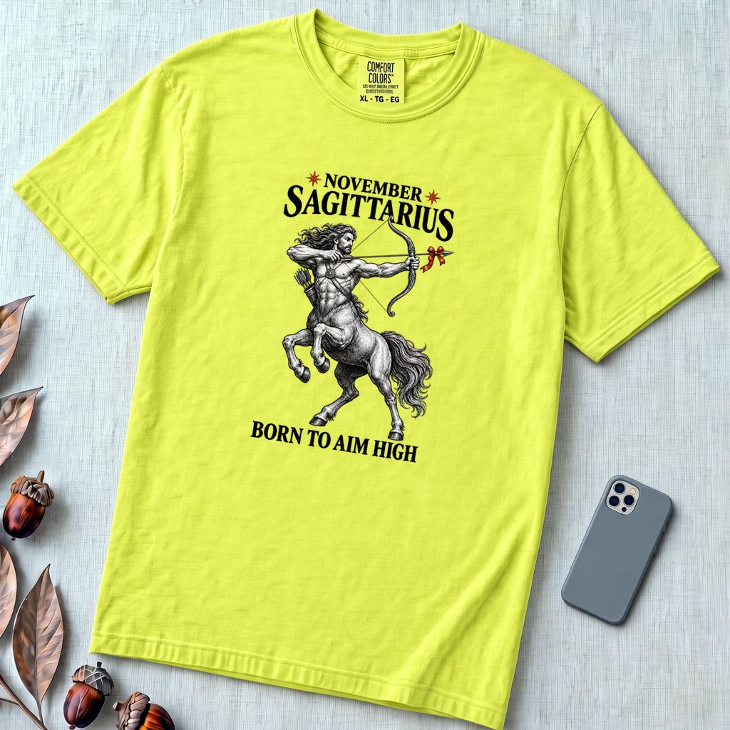 November Sagittarius T-Shirt, Born To Aim High - Neon Lemon unfolded t-shirt mockup