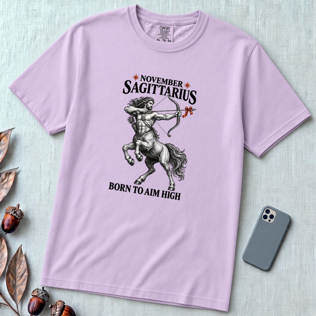 November Sagittarius T-Shirt, Born To Aim High - Orchid unfolded t-shirt mockup