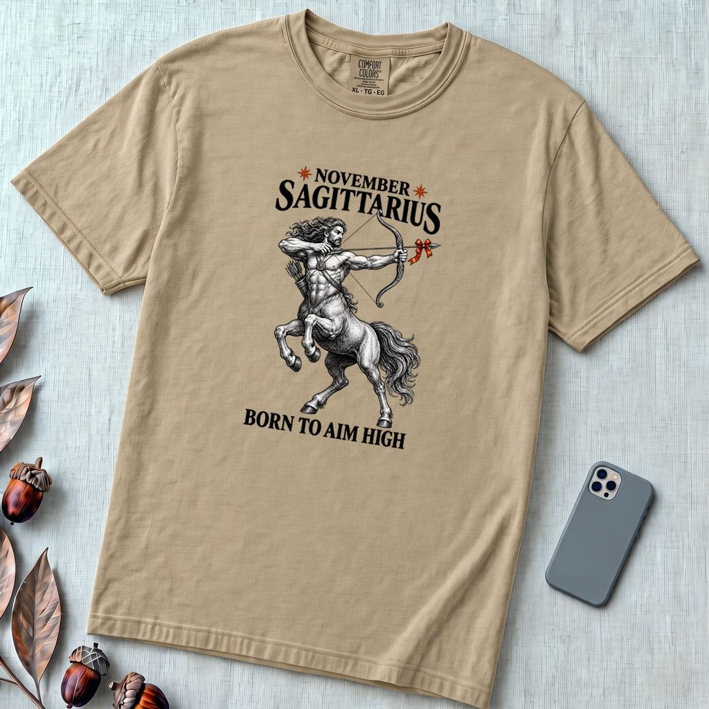 November Sagittarius T-Shirt, Born To Aim High - Sandstone unfolded t-shirt mockup