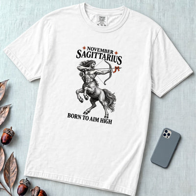 November Sagittarius T-Shirt, Born To Aim High - White unfolded t-shirt mockup