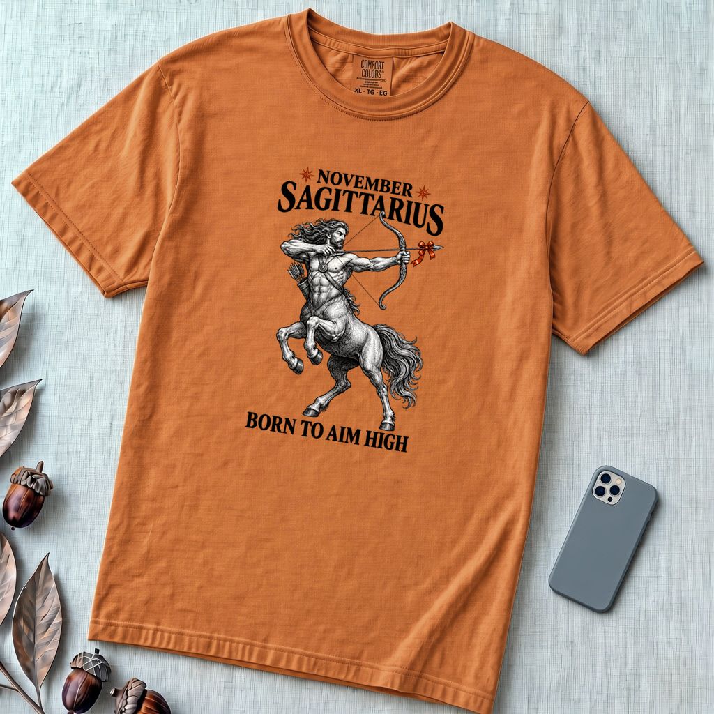 November Sagittarius T-Shirt, Born To Aim High - Yam unfolded t-shirt mockup