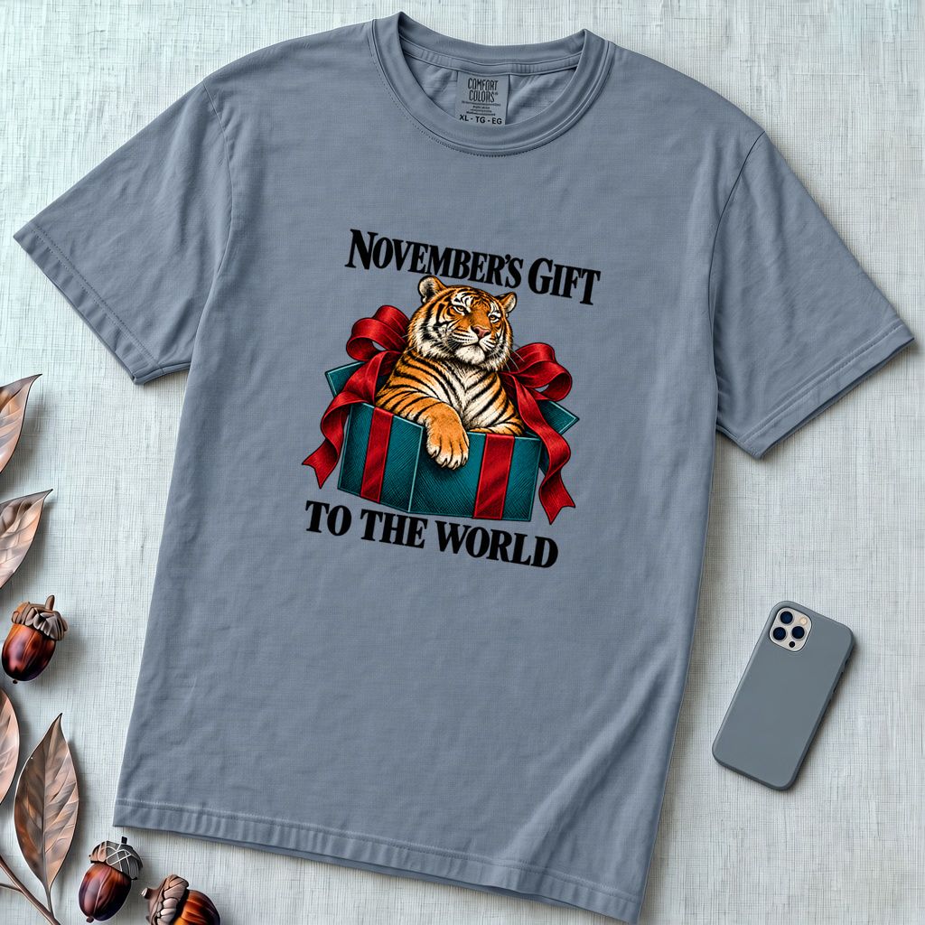 November’s Gift To The World Tiger T-Shirt, Birthday Tee - Blue Jean unfolded t-shirt mockup