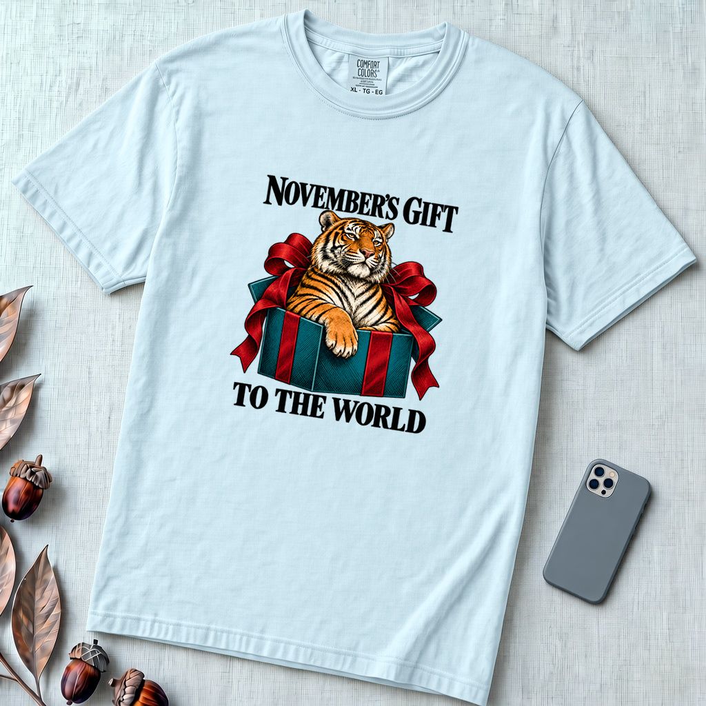 November’s Gift To The World Tiger T-Shirt, Birthday Tee - Chambray unfolded t-shirt mockup