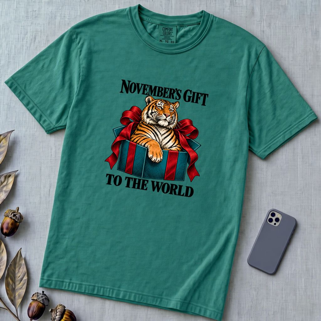 November’s Gift To The World Tiger T-Shirt, Birthday Tee - Emerald unfolded t-shirt mockup