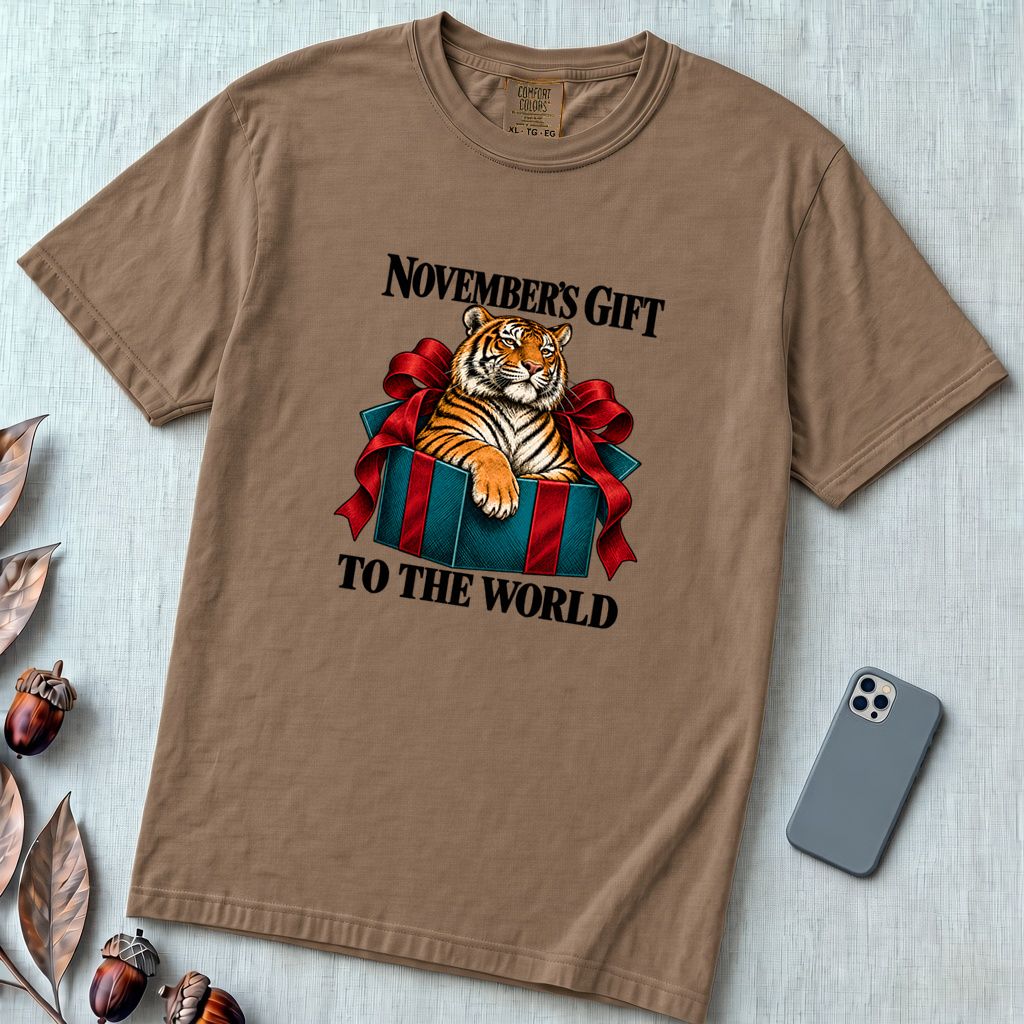 November’s Gift To The World Tiger T-Shirt, Birthday Tee - Espresso unfolded t-shirt mockup