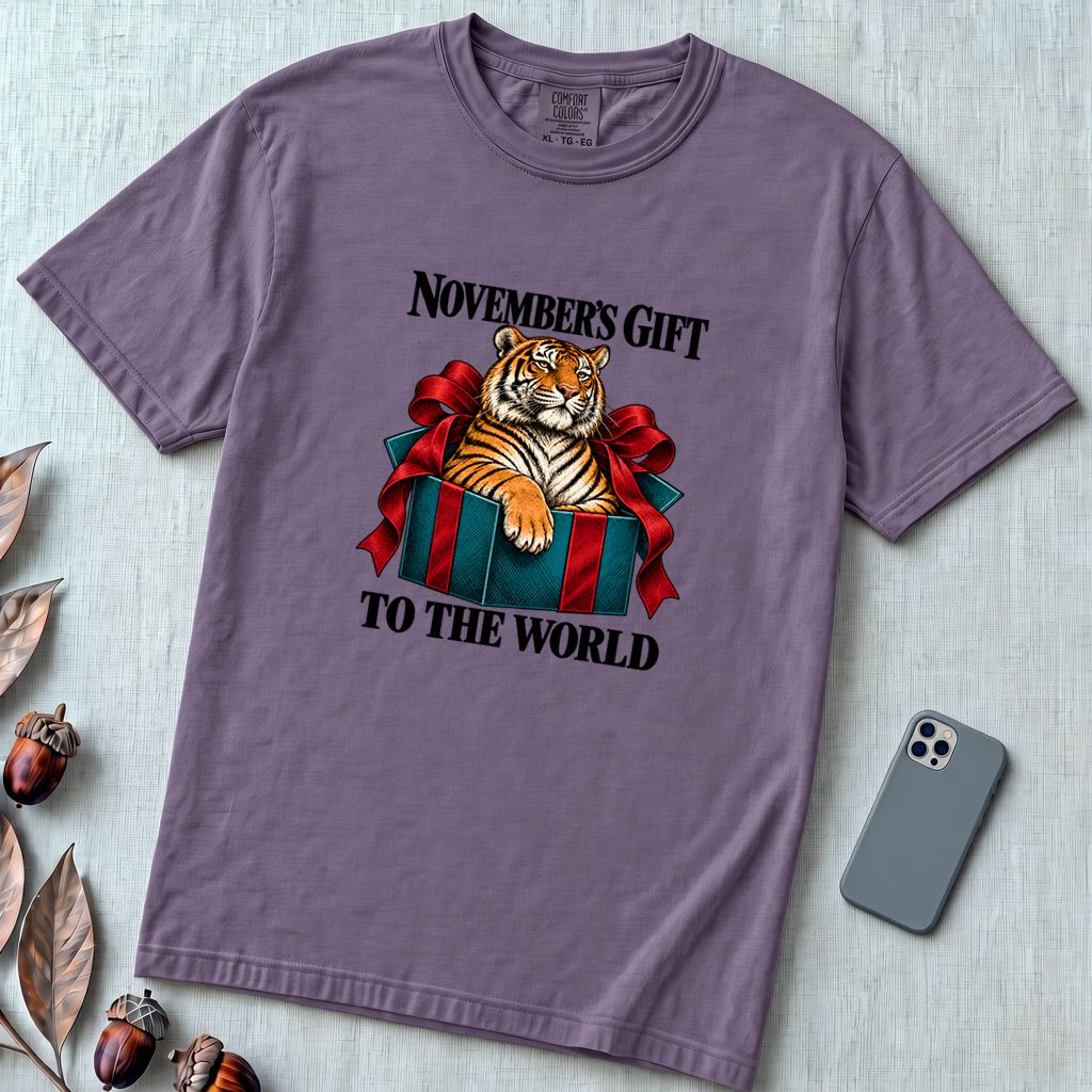 November’s Gift To The World Tiger T-Shirt, Birthday Tee - Grape unfolded t-shirt mockup