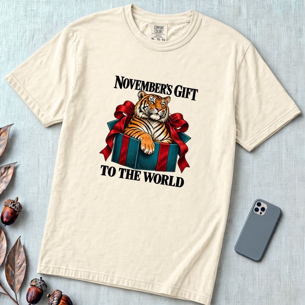 November’s Gift To The World Tiger T-Shirt, Birthday Tee - Ivory unfolded t-shirt mockup