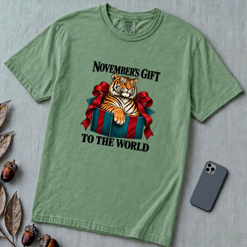 November’s Gift To The World Tiger T-Shirt, Birthday Tee - Light Green unfolded t-shirt mockup