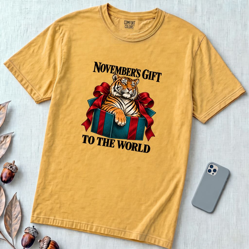 November’s Gift To The World Tiger T-Shirt, Birthday Tee - Mustard unfolded t-shirt mockup