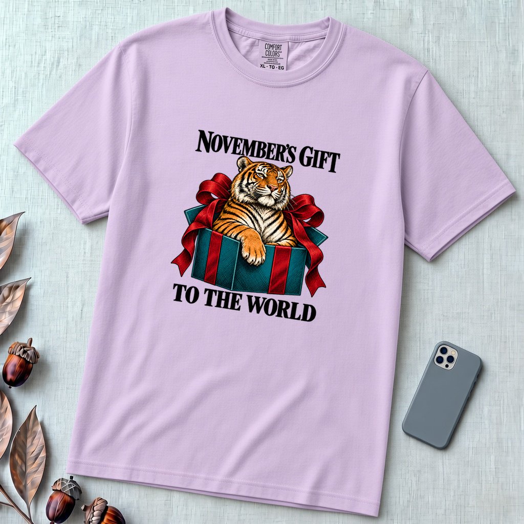 November’s Gift To The World Tiger T-Shirt, Birthday Tee - Orchid unfolded t-shirt mockup