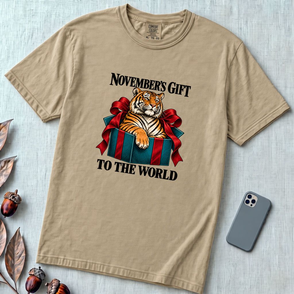 November’s Gift To The World Tiger T-Shirt, Birthday Tee - Sandstone unfolded t-shirt mockup