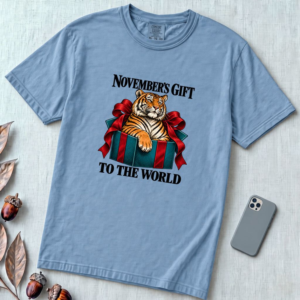November’s Gift To The World Tiger T-Shirt, Birthday Tee - Washed Denim unfolded t-shirt mockup