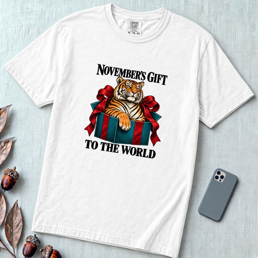 November’s Gift To The World Tiger T-Shirt, Birthday Tee - White unfolded t-shirt mockup