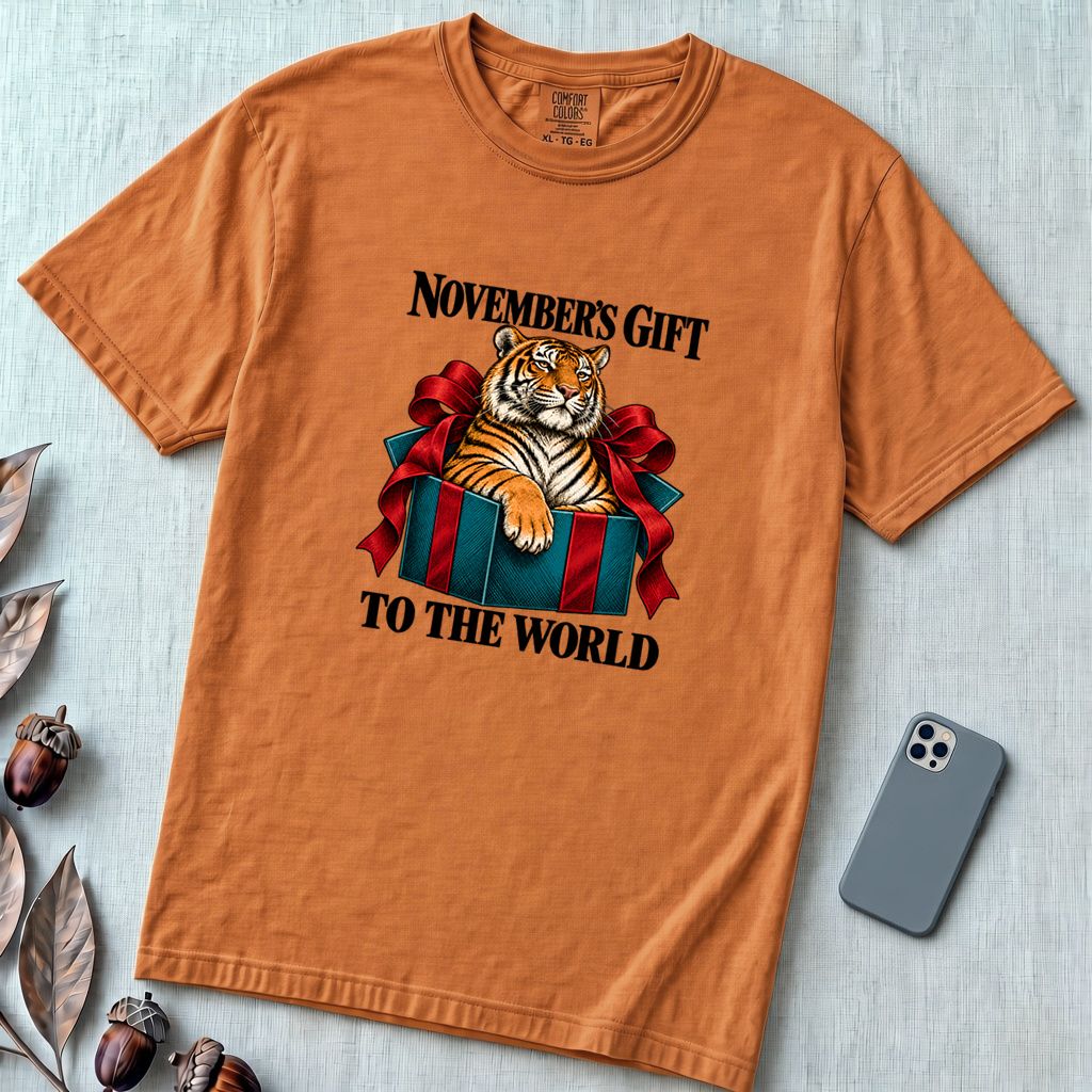 November’s Gift To The World Tiger T-Shirt, Birthday Tee - Yam unfolded t-shirt mockup