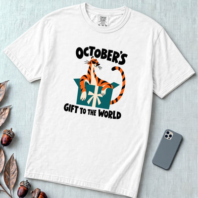 October’s Gift To The World T-Shirt, Funny Tiger Birthday Tee - White unfolded t-shirt mockup