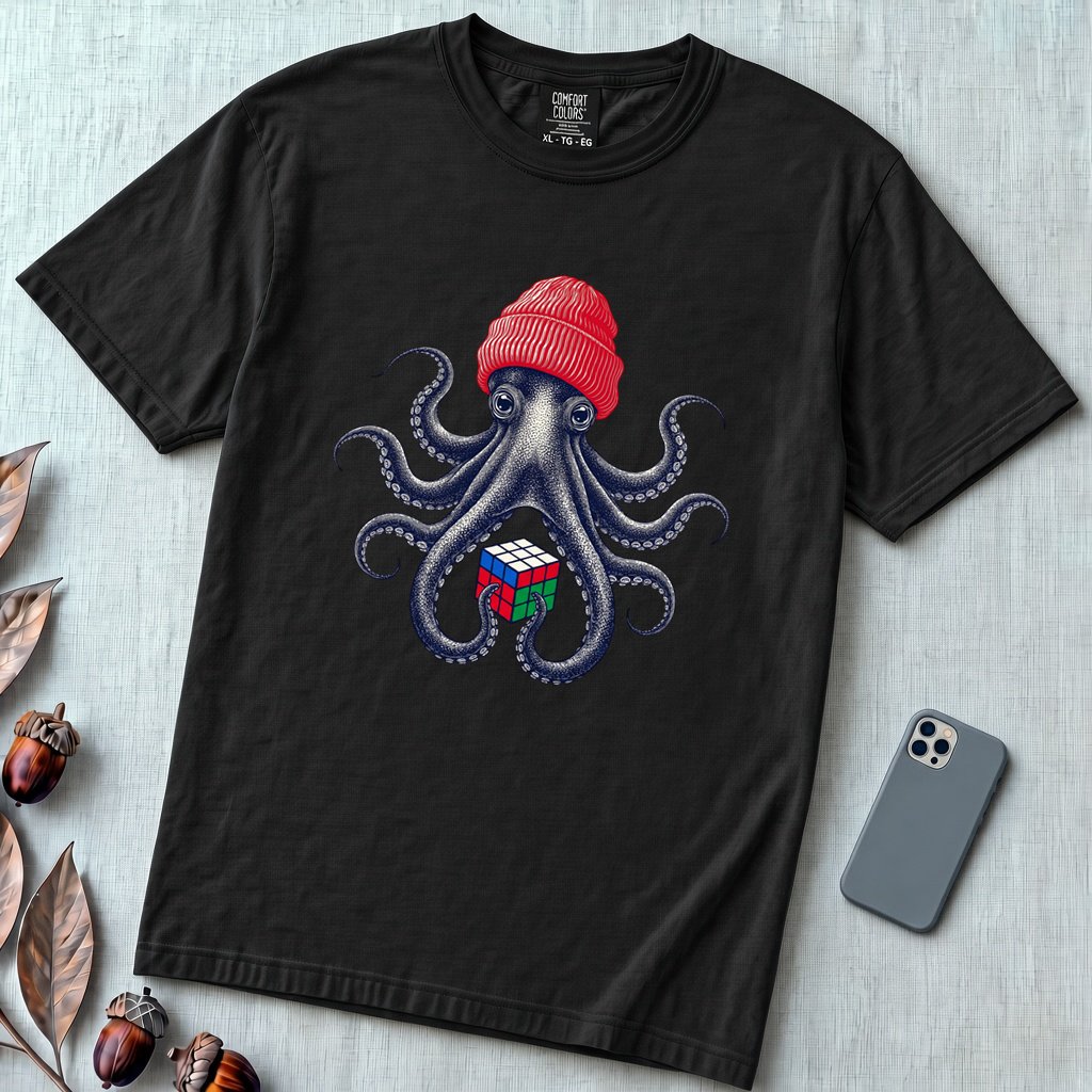 Octopus Rubik's Cube T-Shirt - Black unfolded t-shirt mockup
