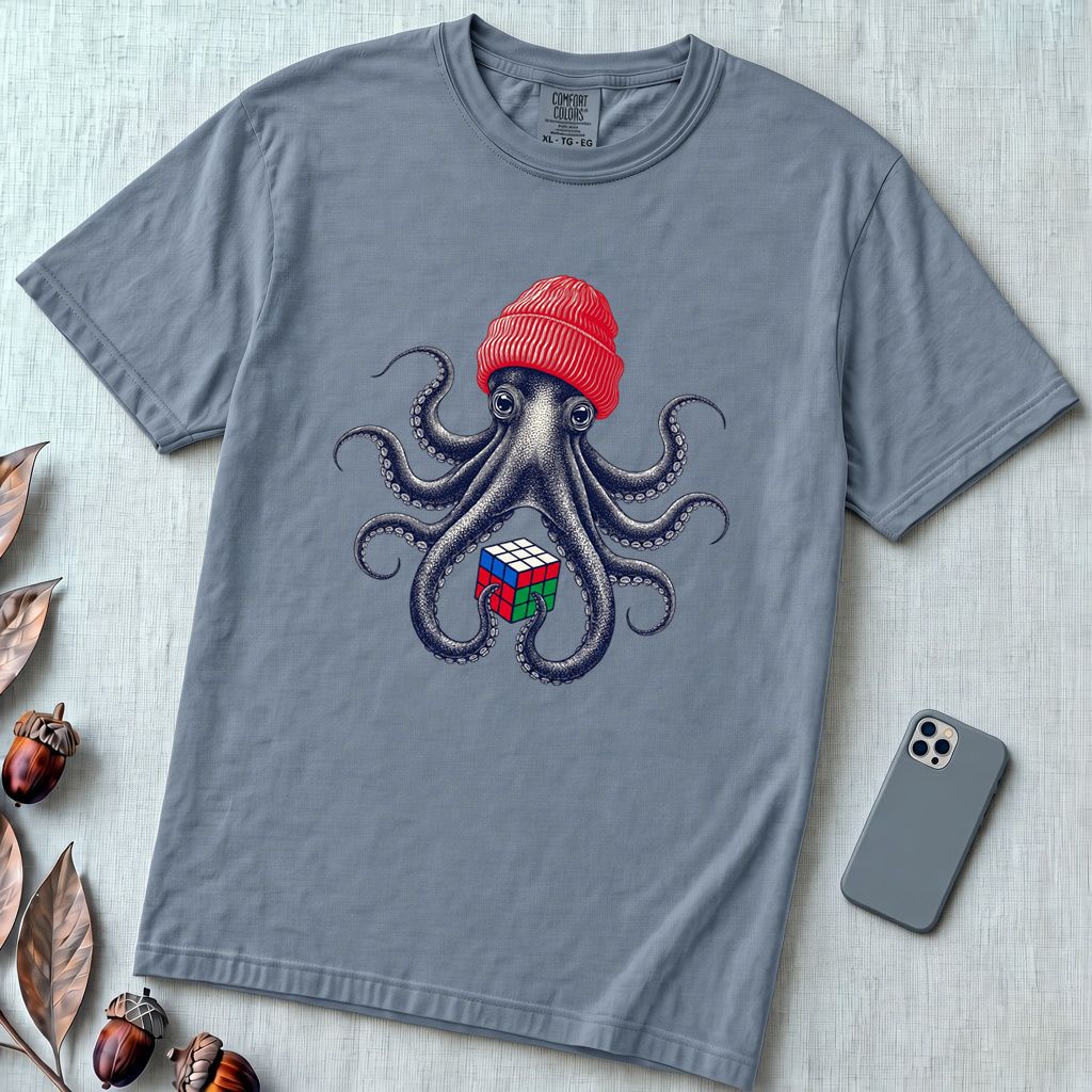 Octopus Rubik's Cube T-Shirt - Blue Jean unfolded t-shirt mockup
