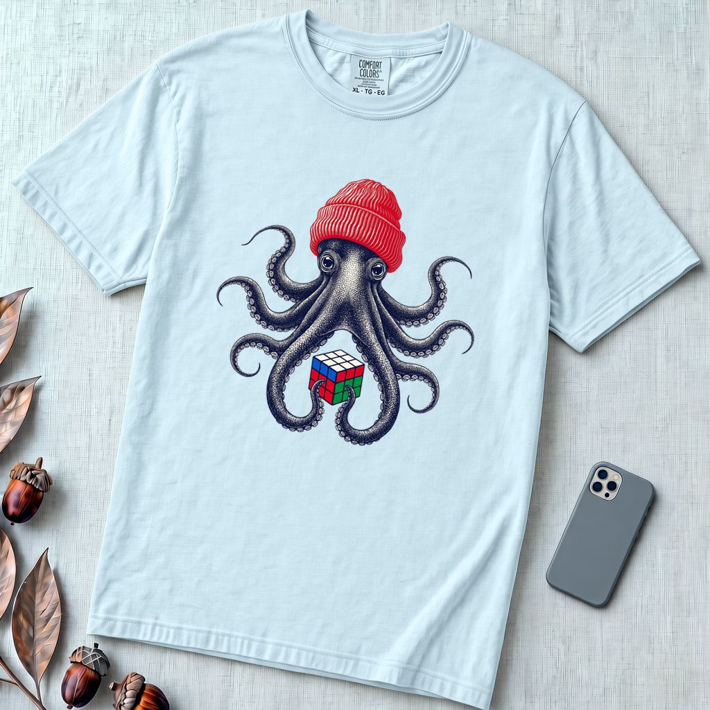 Octopus Rubik's Cube T-Shirt - Chambray unfolded t-shirt mockup