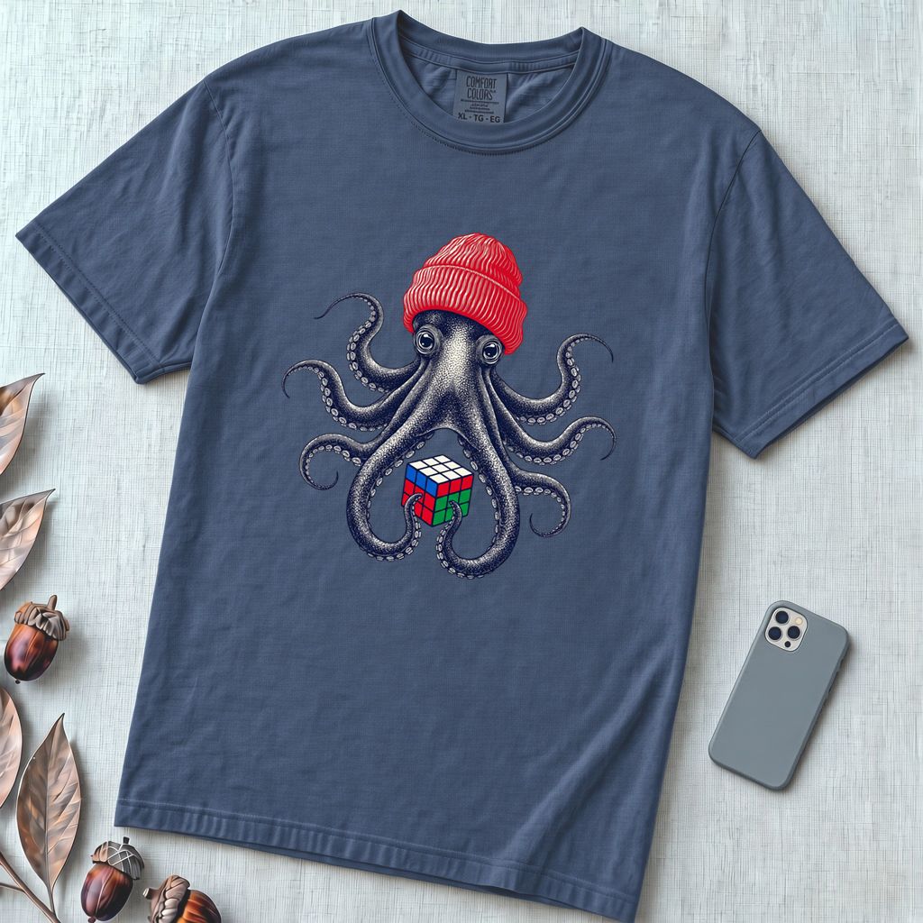 Octopus Rubik's Cube T-Shirt - Denim unfolded t-shirt mockup