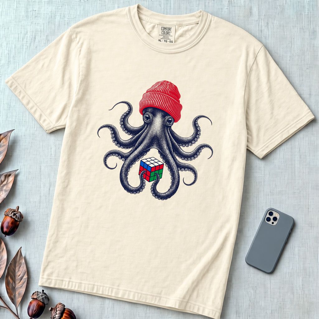 Octopus Rubik's Cube T-Shirt - Ivory unfolded t-shirt mockup