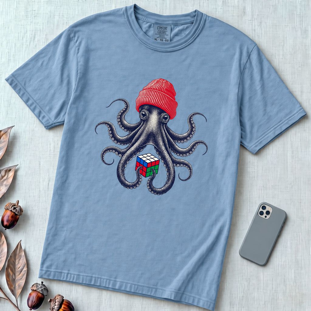 Octopus Rubik's Cube T-Shirt - Washed Denim unfolded t-shirt mockup